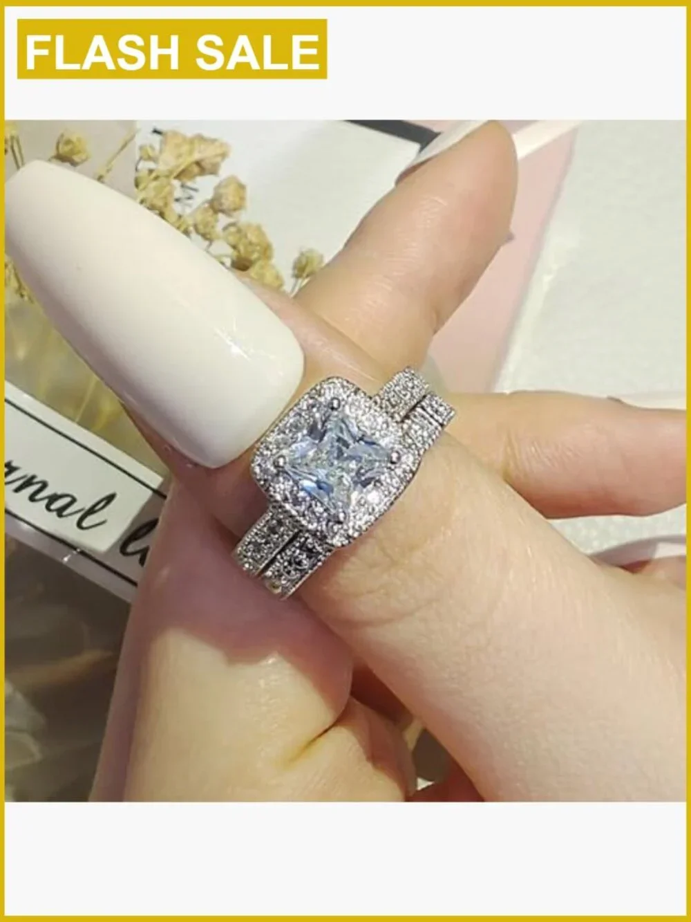 Halo Cubic Zirconia Wedding Ring Set Size 9 Double Layer Sterling Silver